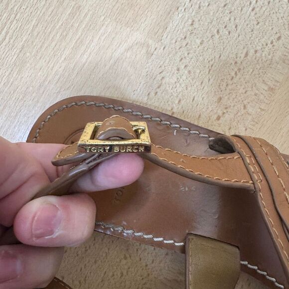 TORY BURCH Ali Thong Sandals Women's 9.5 Brown Leather Slingback Strap - Picture 7 of 9
